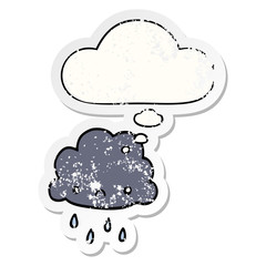 cartoon storm cloud and thought bubble as a distressed worn sticker