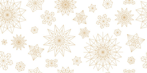 Abstract New Year pattern. Golden christmas snowflake on white background. Seamless ornament for decor, wallpaper, gift paper and design of New Year's souvenirs
