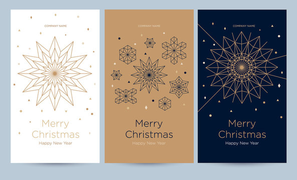 A set of greeting card with snowflakes and festive decor. Linear golden Christmas snowflake on a different background. New Year's design template with a window for text. Vector flat. Vertical format