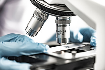 close-up of Microscope lens, science tools microscope in laboratory