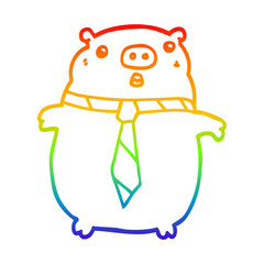 rainbow gradient line drawing cartoon pig wearing office tie
