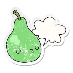 cartoon pear and speech bubble distressed sticker