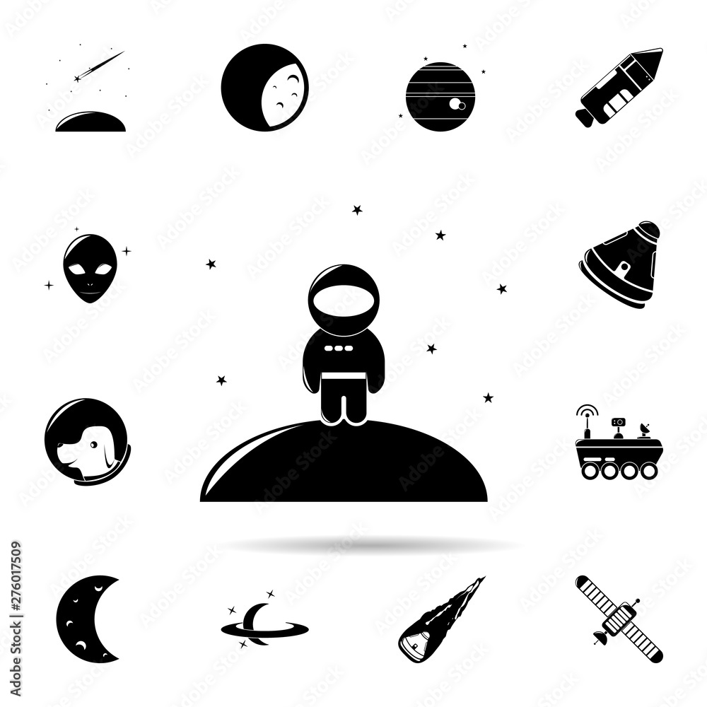 Poster cosmonaut on the planet icon. universal set of space for website design and development, app develop