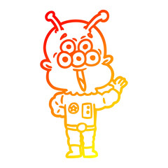 warm gradient line drawing happy cartoon alien waving