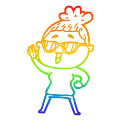 rainbow gradient line drawing cartoon happy woman wearing spectacles