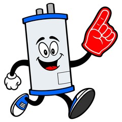 Water Heater Running with a Foam Hand - A cartoon illustration of a Water Heater Mascot running with a Foam Hand.