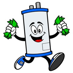 Water Heater Running with Money - A cartoon illustration of a Water Heater Mascot running with Money.