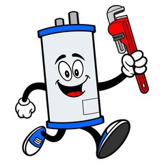 Water Heater Running with a Pipe Wrench - A cartoon illustration of a Water Heater Mascot running with a Pipe Wrench.