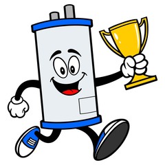 Water Heater Running with a Trophy - A cartoon illustration of a Water Heater Mascot running a Trophy.