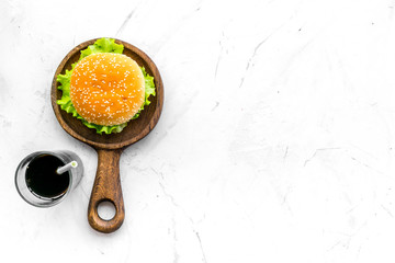 National american food concept with burgers on marble background top view