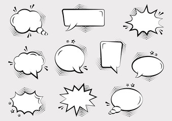 Fototapeta premium Set of empty comic speech bubbles different shapes with halftone shadows and stars, hand drawn. Comic sound effects in pop art style. Vector illustration