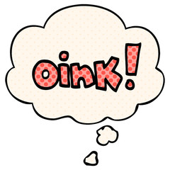 cartoon word oink and thought bubble in comic book style