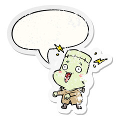 cartoon undead monster creation man and speech bubble distressed sticker