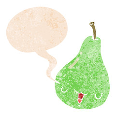 cartoon pear and speech bubble in retro textured style