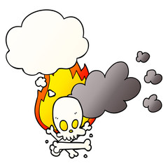cartoon spooky burning bones and thought bubble in smooth gradient style