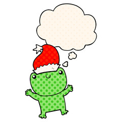 cute cartoon frog wearing christmas hat and thought bubble in comic book style