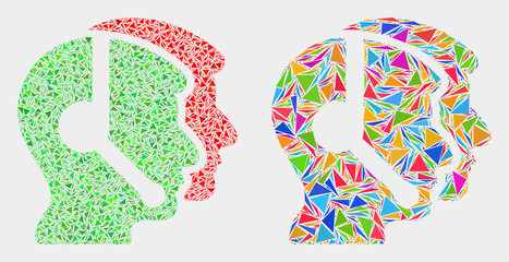 Call service operators mosaic icon of triangle items which have various sizes and shapes and colors. Geometric abstract vector illustration of call service operators.