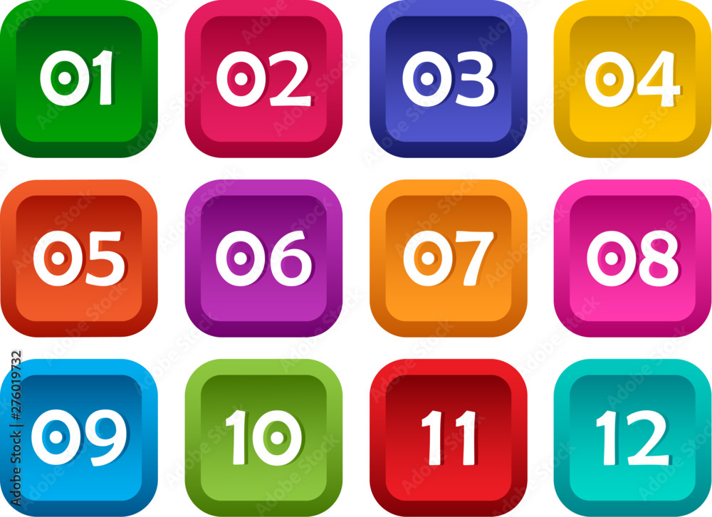 Wall mural colorful set of square buttons with numbers from 01 to 12. vector illustration