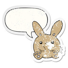 cartoon rabbit and speech bubble distressed sticker