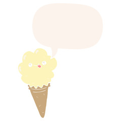 cartoon ice cream and speech bubble in retro style