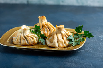 Khinkali, Georgian dumplings, traditional Georgian cuisine. Khinkali on a plate side view.