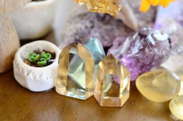 Bright colorful crystal garden. Witchy Healing crystal collection, mineral specimens. Stunning...