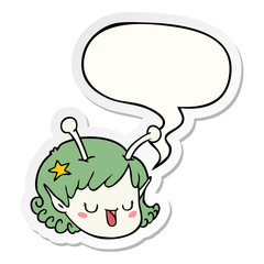 cartoon alien space girl face and speech bubble sticker