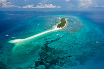 Aerial drone view of a beautiful tropical island surrounded by coral reef (Kalanggaman Island, Leyte, Philippines)