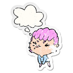 cartoon rude girl and thought bubble as a distressed worn sticker