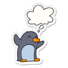 cartoon excited penguin and thought bubble as a printed sticker