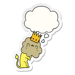 cartoon lion with crown and thought bubble as a printed sticker