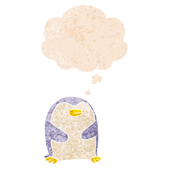 cartoon penguin and thought bubble in retro textured style
