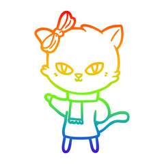 rainbow gradient line drawing cute cartoon cat in winter clothes