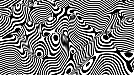Optical illusion wave. Abstract 3d black and white illusions. Horizontal lines stripes pattern or background with wavy distortion effect. Vector illustration.