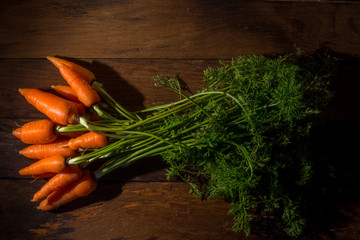 fresh carrots bunch on rustic wooden background