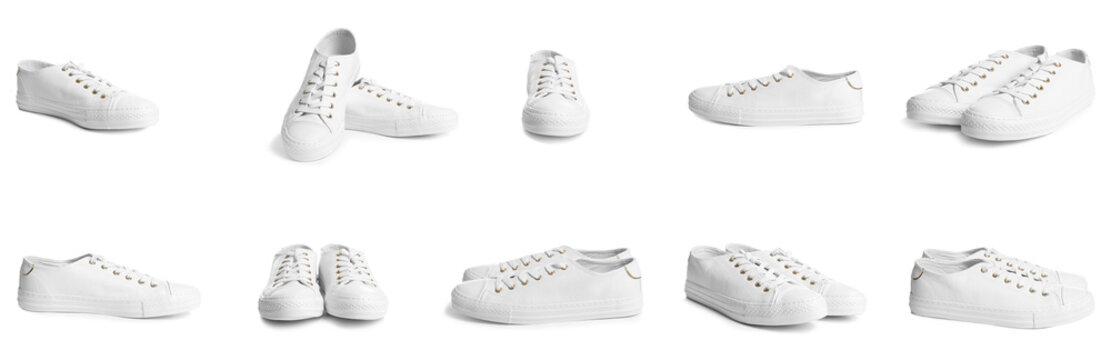 Set of stylish shoes on white background