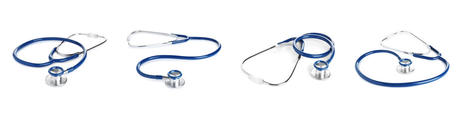 Set of blue stethoscopes on white background. Medical device