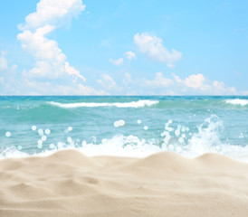 Fototapeta na wymiar Beach sand on white background. Mockup for design