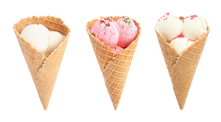 Set of crispy wafer cones with ice creams on white background. Sweet food
