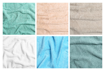 Collage of different soft terry towels as background, top view