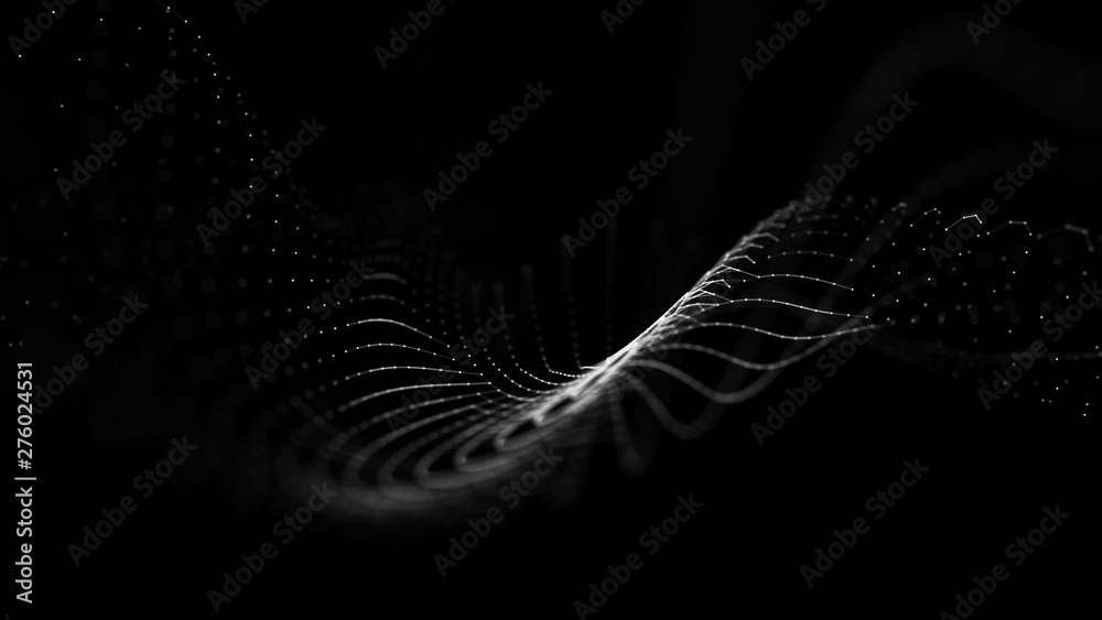 Poster Wave 3d. 3D black abstract background. Abstract background with a dynamic wave. Big data visualization. 3d rendering.