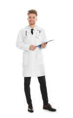 Full length portrait of medical doctor with clipboard and stethoscope isolated on white