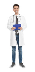 Full length portrait of medical doctor with clipboard and stethoscope isolated on white