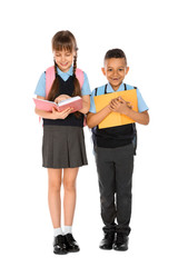 Full length portrait of cute children in school uniform on white background