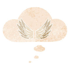 cartoon wings symbol and thought bubble in retro textured style