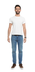 Young man in t-shirt on white background. Mock up for design