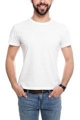 Young man in t-shirt on white background, closeup. Mock up for design
