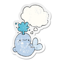 cartoon whale spouting water and thought bubble as a distressed worn sticker