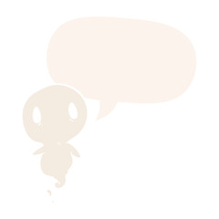 cute cartoon ghost and speech bubble in retro style