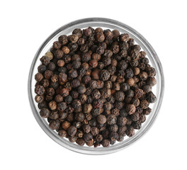 Bowl of black peppercorns isolated on white, top view